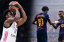 Composición con un jugador de baloncesto del Real Madrid lanzando a canasta y los futbolistas Lamine Yamal y Raphinha del FC Barcelona celebrando un gol.