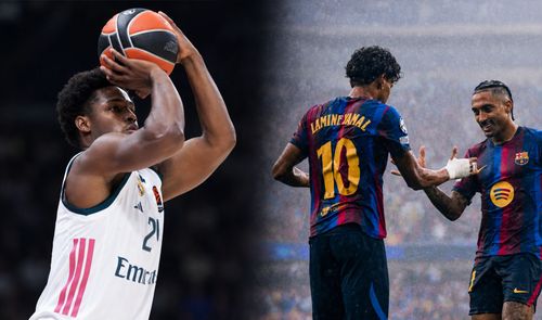 Composición con un jugador de baloncesto del Real Madrid lanzando a canasta y los futbolistas Lamine Yamal y Raphinha del FC Barcelona celebrando un gol.