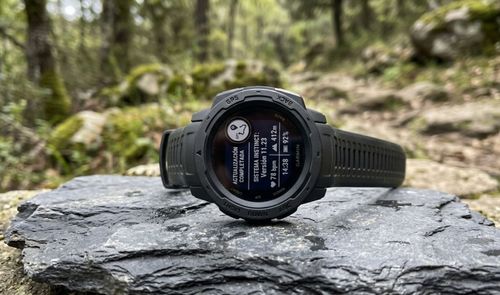 Reloj Garmin sobre una roca en el bosque mostrando un aviso de actualización completada en su pantalla.
