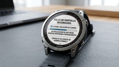 Reloj inteligente Garmin Fénix con un mensaje de aviso sobre un fallo de pantalla reconocido en su esfera.