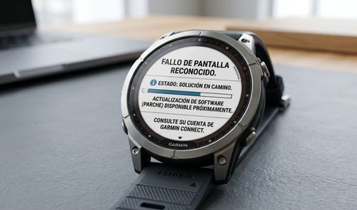 Reloj inteligente Garmin Fénix con un mensaje de aviso sobre un fallo de pantalla reconocido en su esfera.
