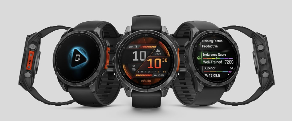 Relojes inteligentes Garmin fenix 8 mostrados desde diferentes ángulos frontales y laterales sobre fondo gris.