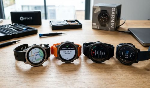 Cuatro relojes inteligentes Garmin Fenix alineados sobre una mesa de madera junto a herramientas de precisión y su caja original.