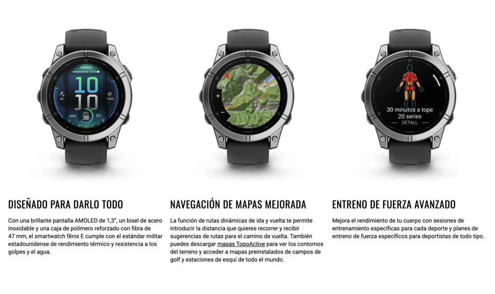 Tres relojes inteligentes Garmin fenix E que muestran la pantalla principal, un mapa topográfico y una interfaz de entrenamiento de fuerza.