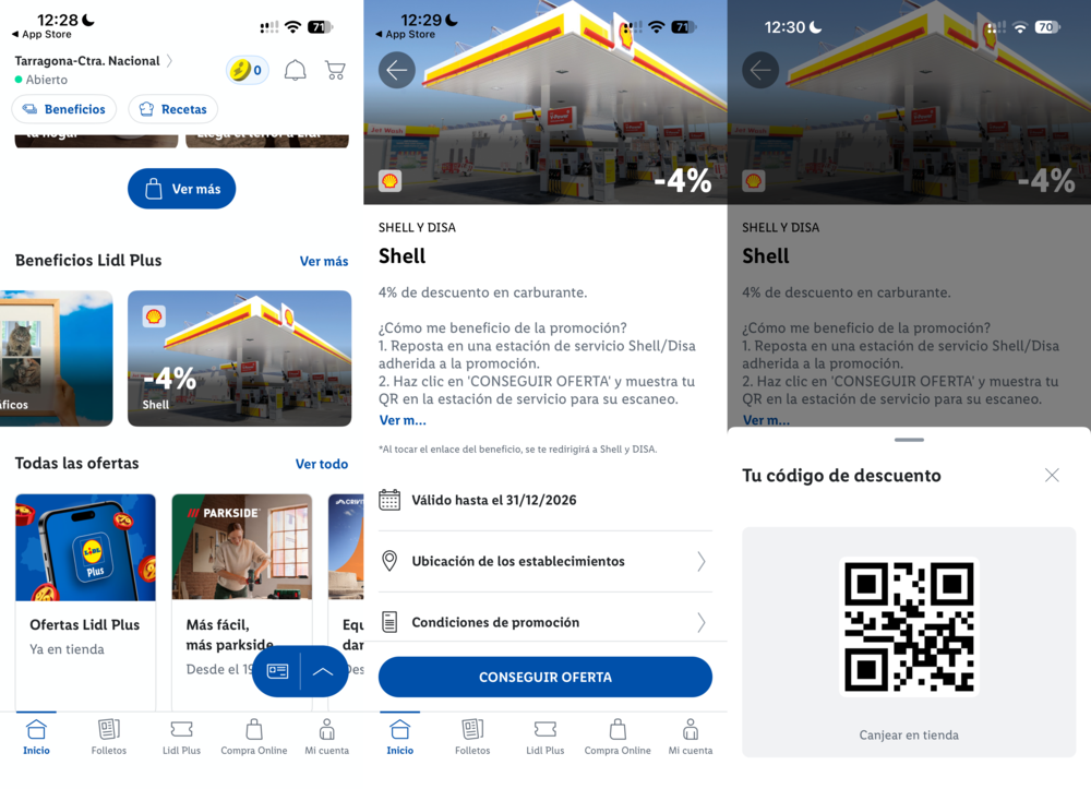 Interfaz de la aplicación Lidl Plus mostrando los pasos para obtener un código QR de descuento en gasolineras Shell y Disa.