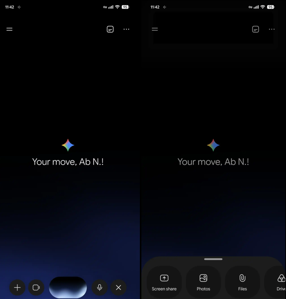 Interfaz de la aplicación Gemini en un teléfono móvil con opciones de compartir pantalla y archivos.