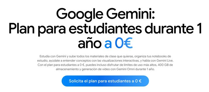 Anuncio de Google Gemini con oferta de plan gratuito para estudiantes durante un año.