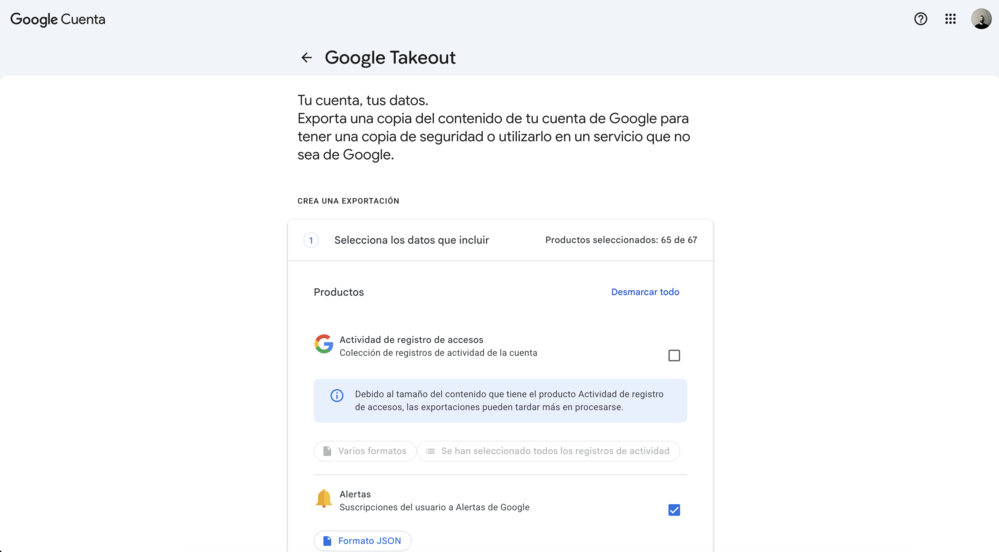 Interfaz de Google Takeout para seleccionar datos y crear una copia de seguridad de la cuenta.