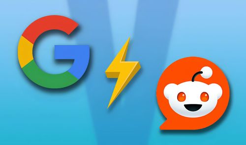 Logotipos de Google y Reddit separados por un rayo amarillo sobre fondo azul.