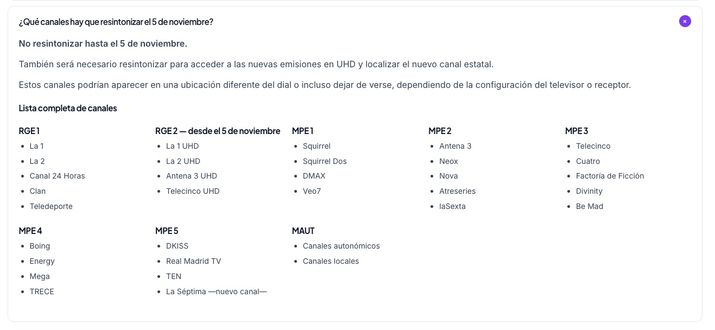 Listado de canales de televisión organizados por múltiplex para la resintonización de la TDT.