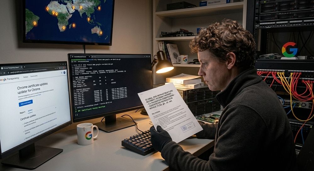 Especialista en ciberseguridad trabajando con múltiples monitores, servidores y un mapa mundial de amenazas en segundo plano.