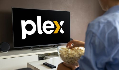 Persona de espaldas sentada frente a un televisor que muestra el logotipo de Plex mientras sostiene un cuenco de palomitas.