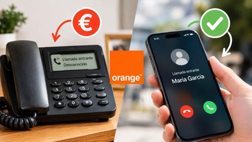 Comparativa entre un teléfono fijo con llamada desconocida y coste asociado frente a un smartphone con identificación de contacto de Orange.