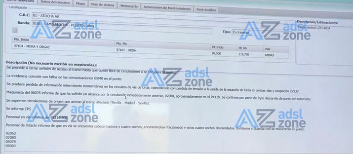 Captura de pantalla de un sistema de gestión ferroviaria con el informe técnico sobre un incidente en la vía.