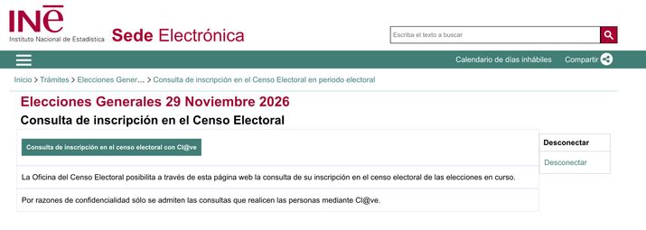 Interfaz de la Sede Electrónica del INE para la consulta de inscripción en el Censo Electoral mediante sistema Cl@ve.