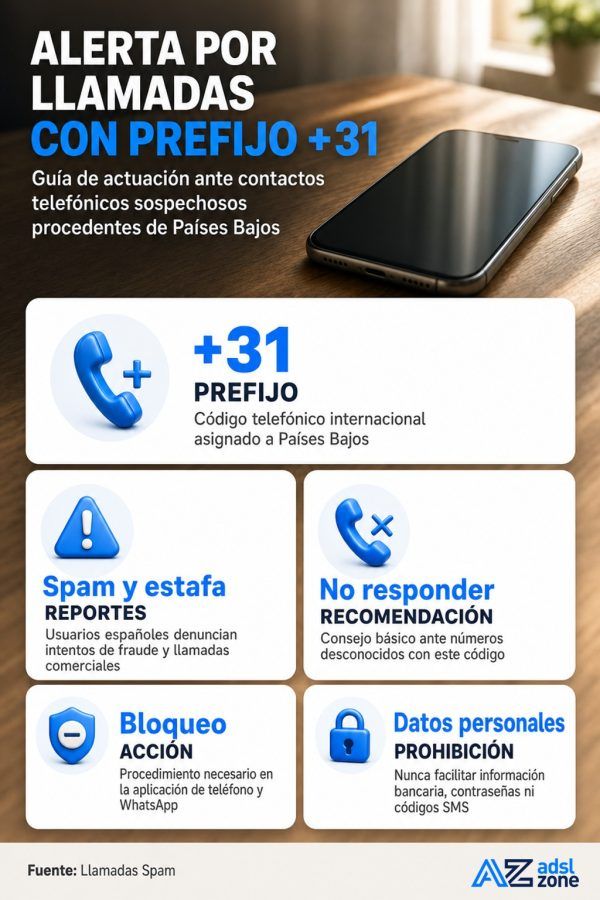 Infografía sobre seguridad telefónica ante llamadas con prefijo +31 de Países Bajos, con consejos para evitar spam y estafas.