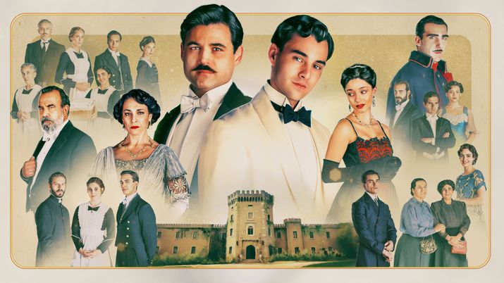 Montaje fotográfico de los personajes principales de la serie La Promesa de RTVE sobre la imagen de un palacio.