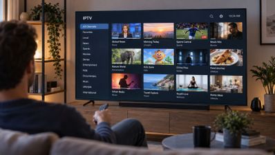 Persona sentada en un sofá frente a un televisor que muestra una interfaz de lista de canales IPTV organizada por categorías.
