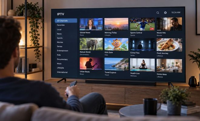 Persona sentada en un sofá frente a un televisor que muestra una interfaz de lista de canales IPTV organizada por categorías.