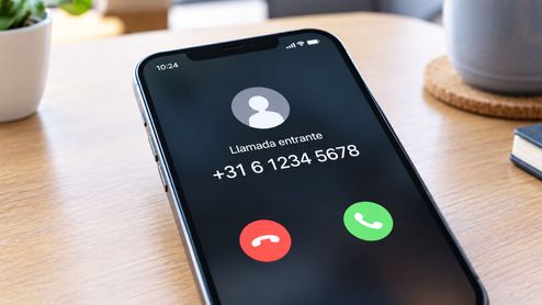 Pantalla de un teléfono inteligente mostrando una llamada entrante con el prefijo +31.