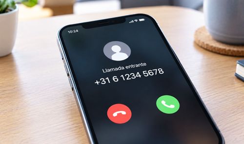 Pantalla de un teléfono inteligente mostrando una llamada entrante con el prefijo +31.