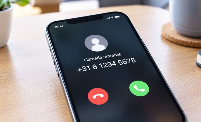 Pantalla de un teléfono inteligente mostrando una llamada entrante con el prefijo +31.