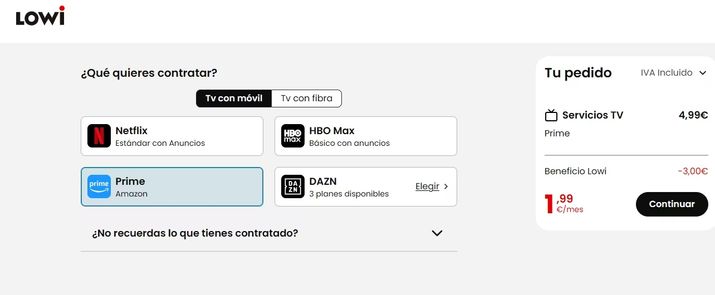 Interfaz de selección de servicios de televisión en la web de Lowi con opciones para Netflix, HBO Max, Amazon Prime y DAZN.