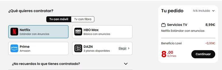 Interfaz de selección de servicios de televisión en Lowi con opciones de Netflix, Prime, HBO Max y DAZN.