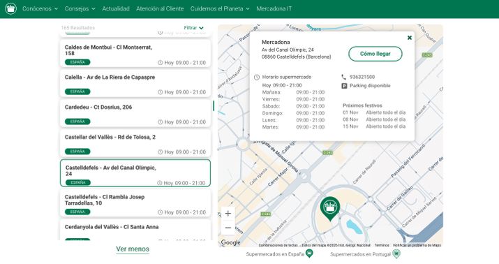 Buscador de supermercados Mercadona con información de horarios comerciales y apertura en festivos sobre un mapa.