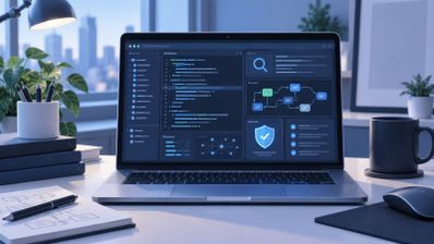 Ordenador portátil mostrando una interfaz de depuración de código y análisis de seguridad en un escritorio de oficina.