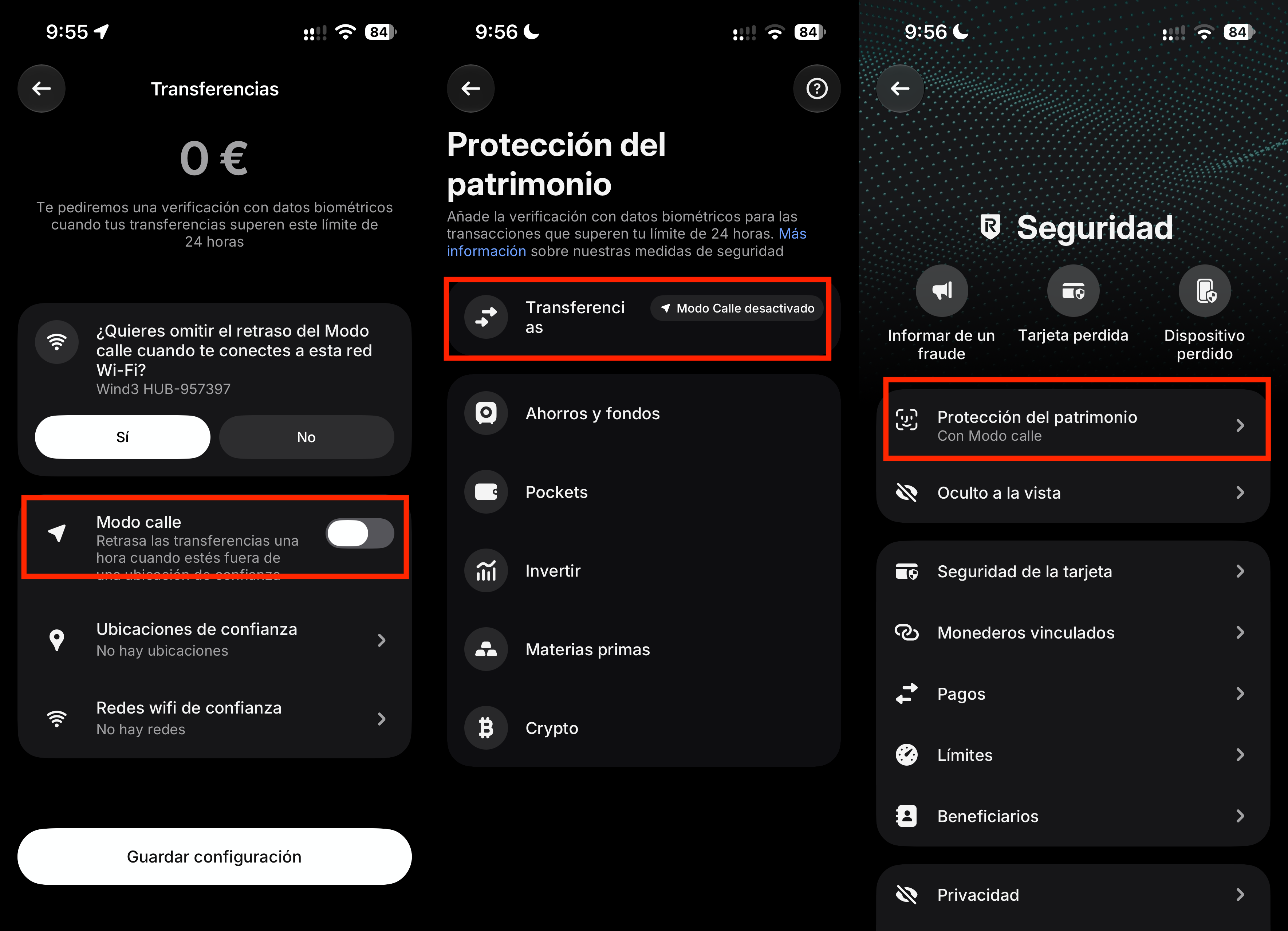 Interfaz de la aplicación Revolut mostrando las opciones de configuración del Modo calle y la protección del patrimonio.