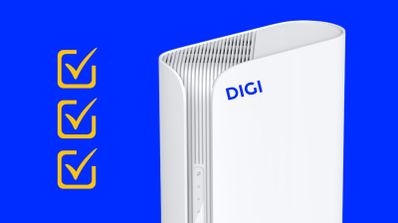 Router TP-Link XGB430v de color blanco con el logotipo de DIGI sobre un fondo azul con iconos de verificación.
