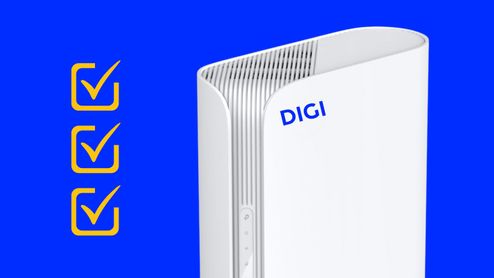 Router TP-Link XGB430v de color blanco con el logotipo de DIGI sobre un fondo azul con iconos de verificación.
