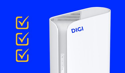 Router TP-Link XGB430v de color blanco con el logotipo de DIGI sobre un fondo azul con iconos de verificación.