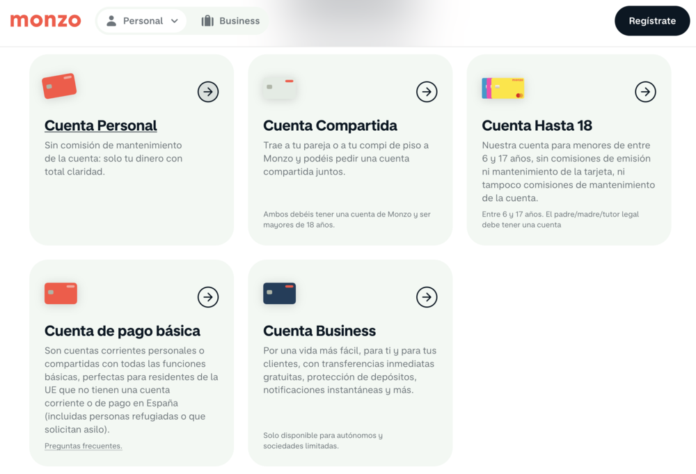 Interfaz de la web de Monzo Bank en español mostrando diferentes tipos de cuentas bancarias como Personal, Compartida, Hasta 18, de pago básica y Business.