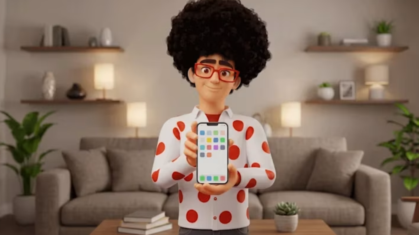 Pepe de Pepephone en un salón sosteniendo un smartphone que muestra una cuadrícula de aplicaciones de colores.