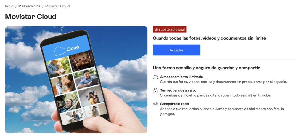 Interfaz de la aplicación Movistar Cloud en un teléfono móvil que muestra una galería de fotos personales.