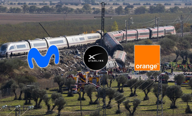 Logotipos de Movistar, Starlink y Orange sobreimpresos en una imagen de un tren descarrilado en una zona rural de Toledo.