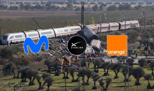 Logotipos de Movistar, Starlink y Orange sobreimpresos en una imagen de un tren descarrilado en una zona rural de Toledo.