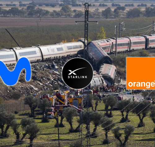 Logotipos de Movistar, Starlink y Orange sobreimpresos en una imagen de un tren descarrilado en una zona rural de Toledo.