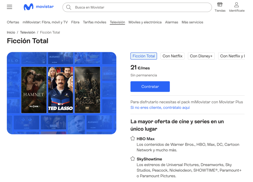 Interfaz de la página web de Movistar con los detalles del paquete de televisión Ficción Total.