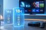 Gráficos holográficos que muestran precios de 14 y 18 euros junto a un descodificador de Movistar y un televisor con aplicaciones de streaming.