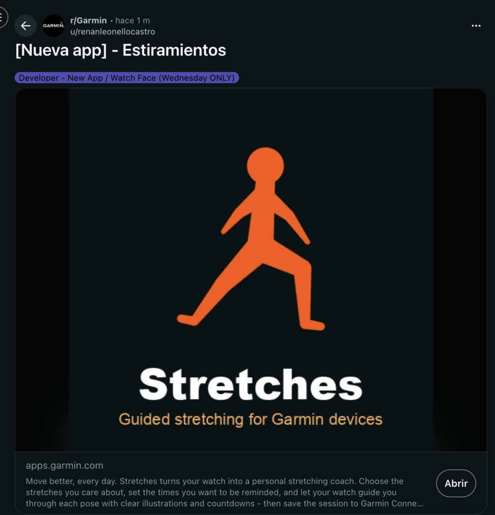Icono de la aplicación Stretches con una figura humana naranja realizando un estiramiento sobre fondo oscuro.