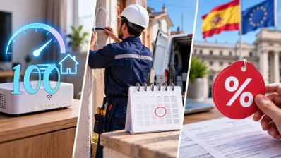 Composición de imágenes sobre el servicio universal de telecomunicaciones con un router, un técnico trabajando y etiquetas de descuento ante banderas oficiales.