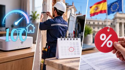 Composición de imágenes sobre el servicio universal de telecomunicaciones con un router, un técnico trabajando y etiquetas de descuento ante banderas oficiales.