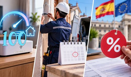 Composición de imágenes sobre el servicio universal de telecomunicaciones con un router, un técnico trabajando y etiquetas de descuento ante banderas oficiales.