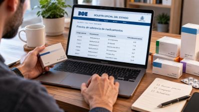 Persona consultando la lista de precios de referencia de medicamentos en la web del BOE desde un ordenador portátil.