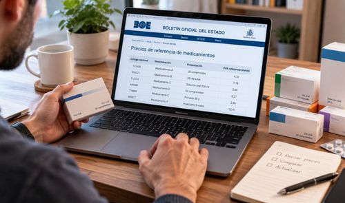 Persona consultando la lista de precios de referencia de medicamentos en la web del BOE desde un ordenador portátil.