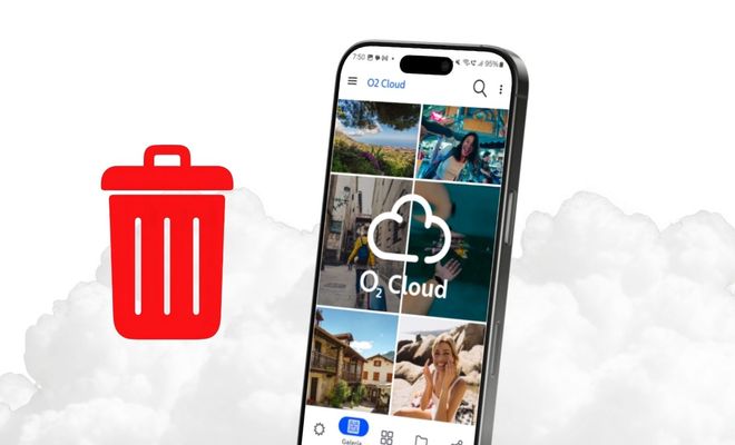 Icono de papelera roja junto a un teléfono móvil que muestra la interfaz de la aplicación O2 Cloud con fotografías.
