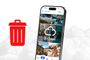 Icono de papelera roja junto a un teléfono móvil que muestra la interfaz de la aplicación O2 Cloud con fotografías.
